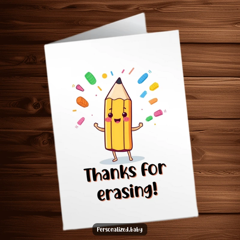 Funny Free Printable Thank You Card: A smiling pencil character juggling eraser marks, showing appreciation creatively.