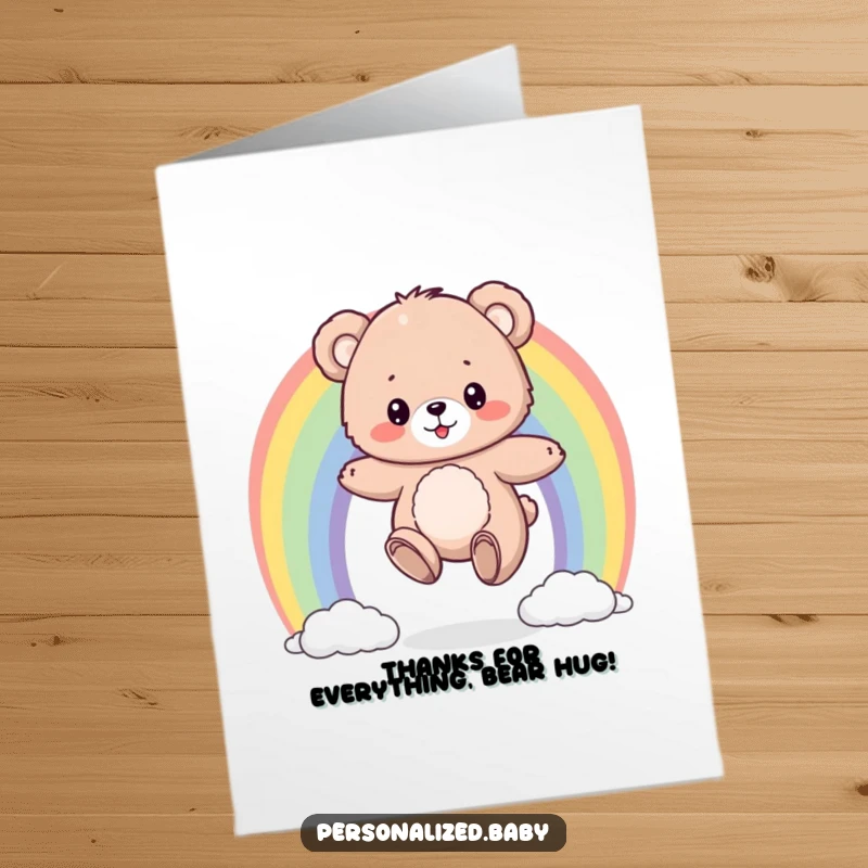 Funny Free Printable Bear Thank You Card: A fluffy bear cub bouncing on a colorful rainbow, expressing thanks.