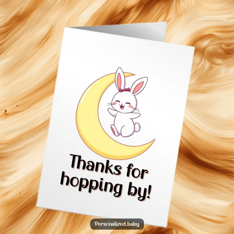 Funny Free Printable Thank You Card: Giggling bunny hopping on a crescent moon, sending thanks with joy.