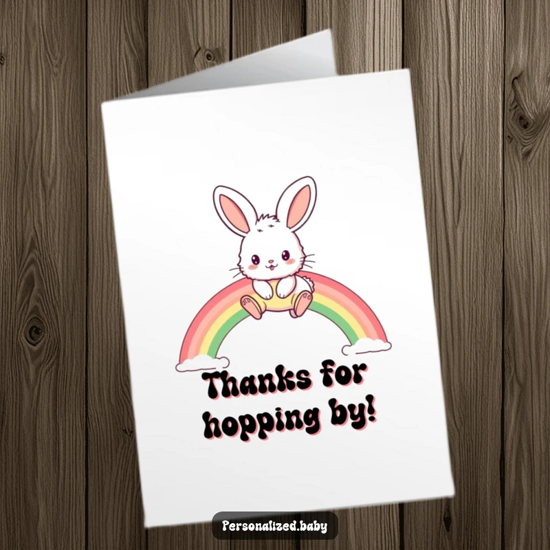 Funny Free Printable Bunny Thank You Card: Adorable bunny with massive ears hopping over a bright rainbow.