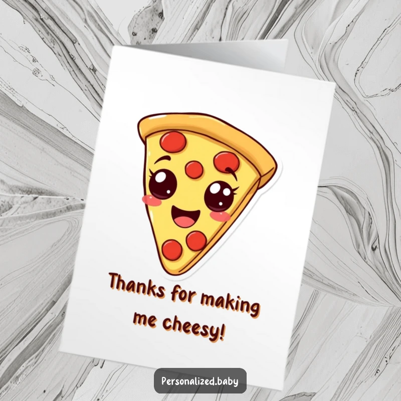 Funny Free Printable Thank You Card: A smiling pizza slice character with pepperoni eyes bounces happily, offering sincere thanks.