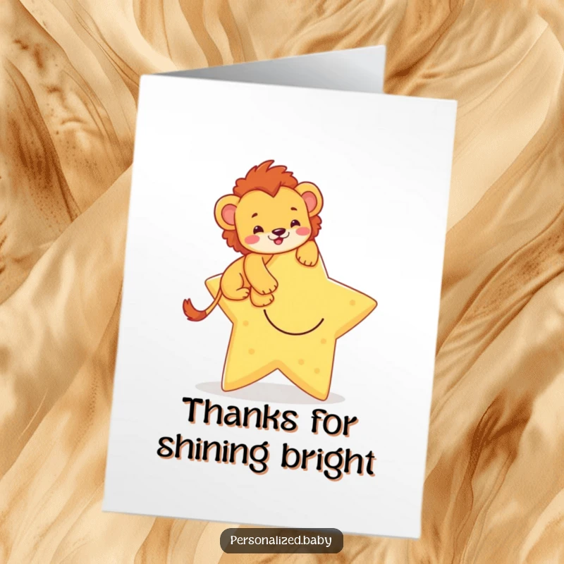 Funny Free Printable Lion Cub Thank You Card: Little lion cub proudly climbing a large smiling star to say thanks.