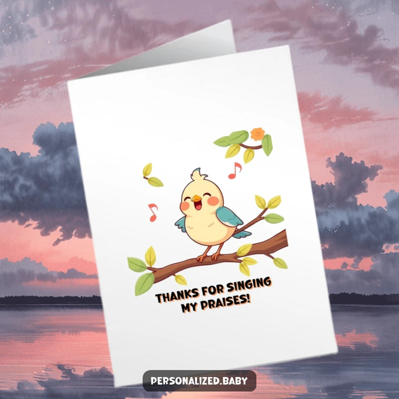 Funny Free Printable Thank You Card: A happy bird on a branch sings a sweet thank you song.