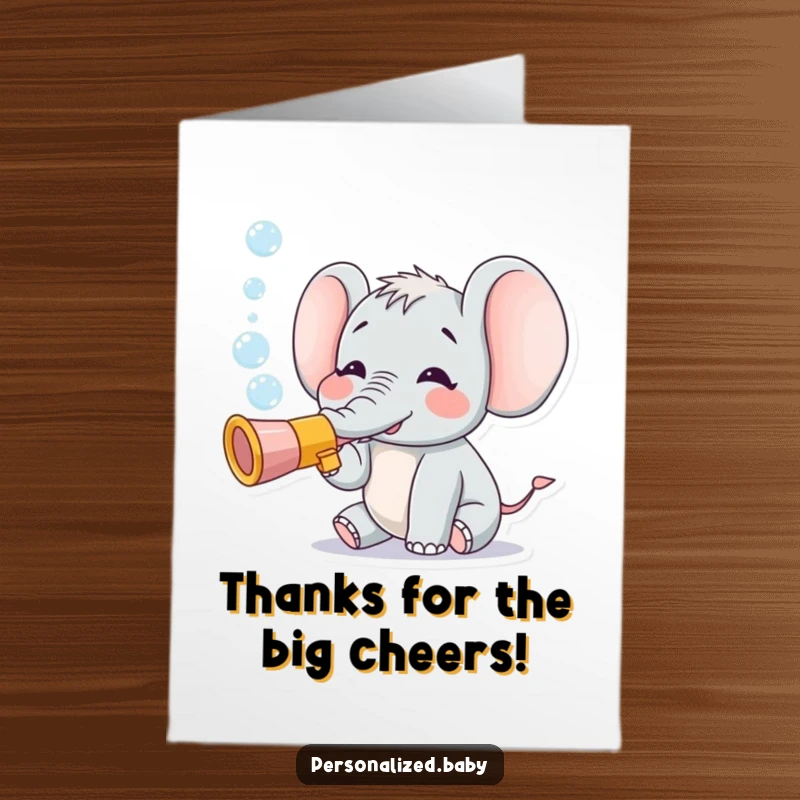Funny Free Printable Thank You Card: Tiny elephant character joyfully blowing bubbles from a toy trumpet, expressing thanks with cheer.