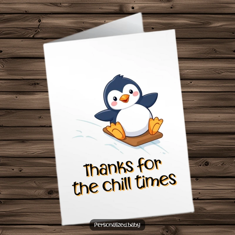Funny Free Printable Penguin Thank You Card: Penguin sliding happily down a starry slope, offering thanks.