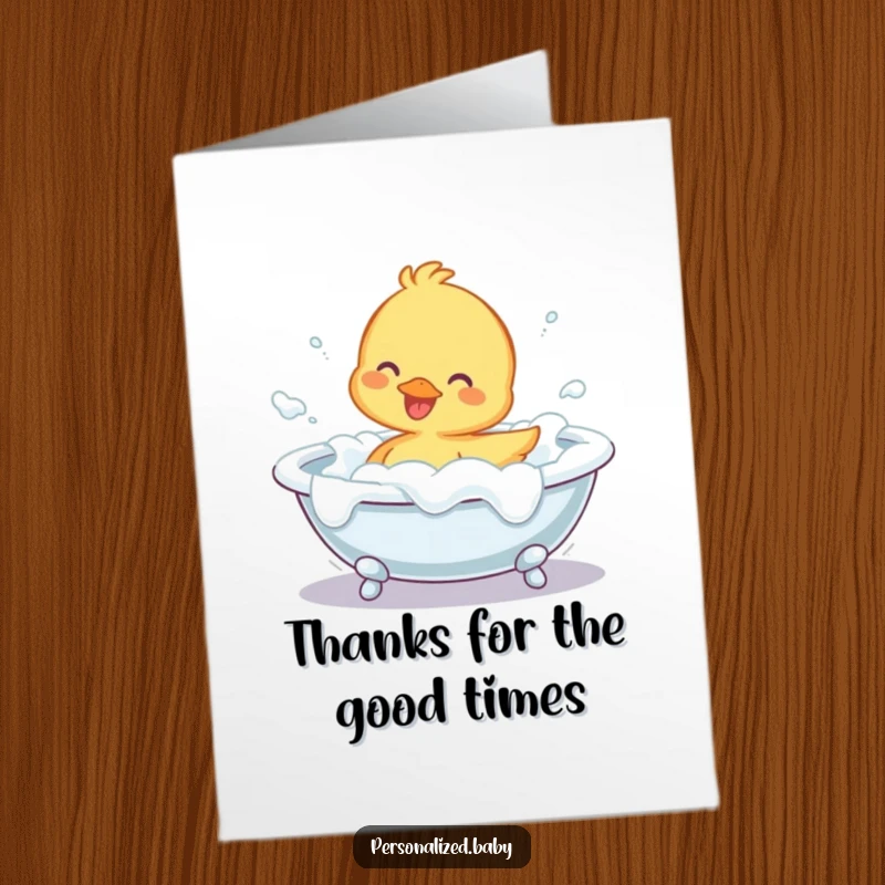 Funny Free Printable Thank You Card: A cheerful duckling character having a joyful splash in a bathtub full of foam.