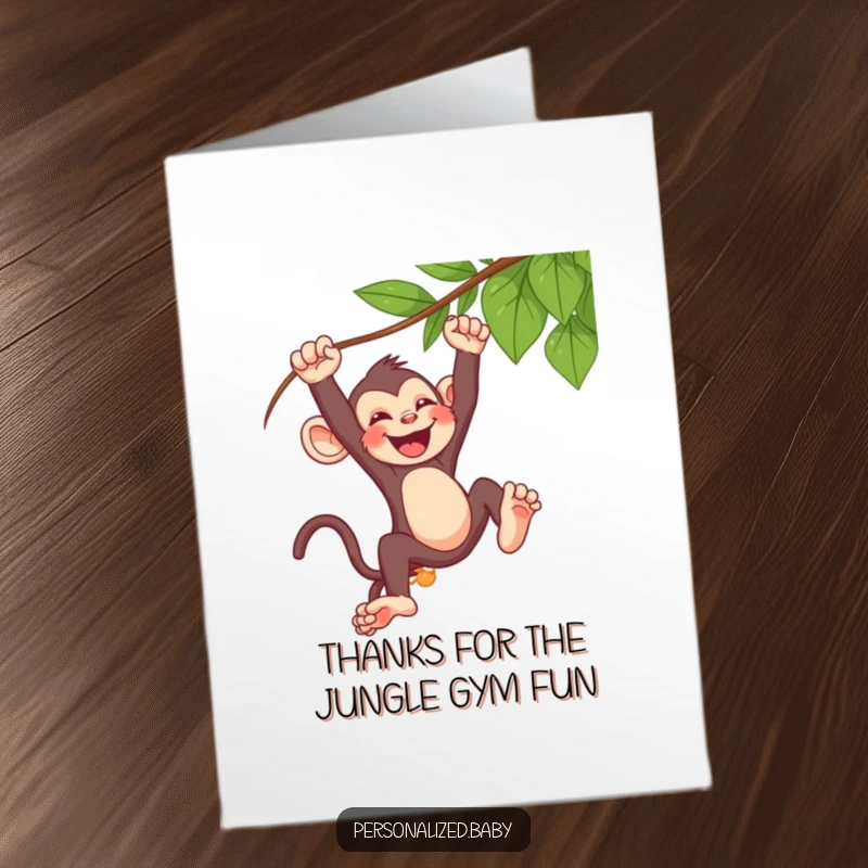 Funny Free Printable Thank You Card: A baby monkey laughing hysterically while swinging from a vine.