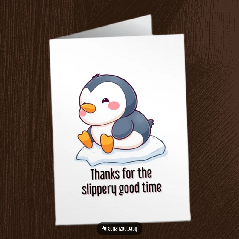 Funny Free Printable Thank You Card: A happy baby penguin is captured mid-belly-slide down a snowy slope.
