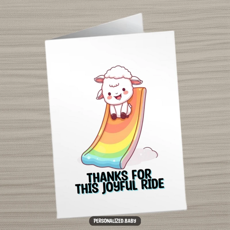 Funny Free Printable Thank You Card: Giggling lamb slides down a rainbow, expressing thanks with a humorous and joyful descent.