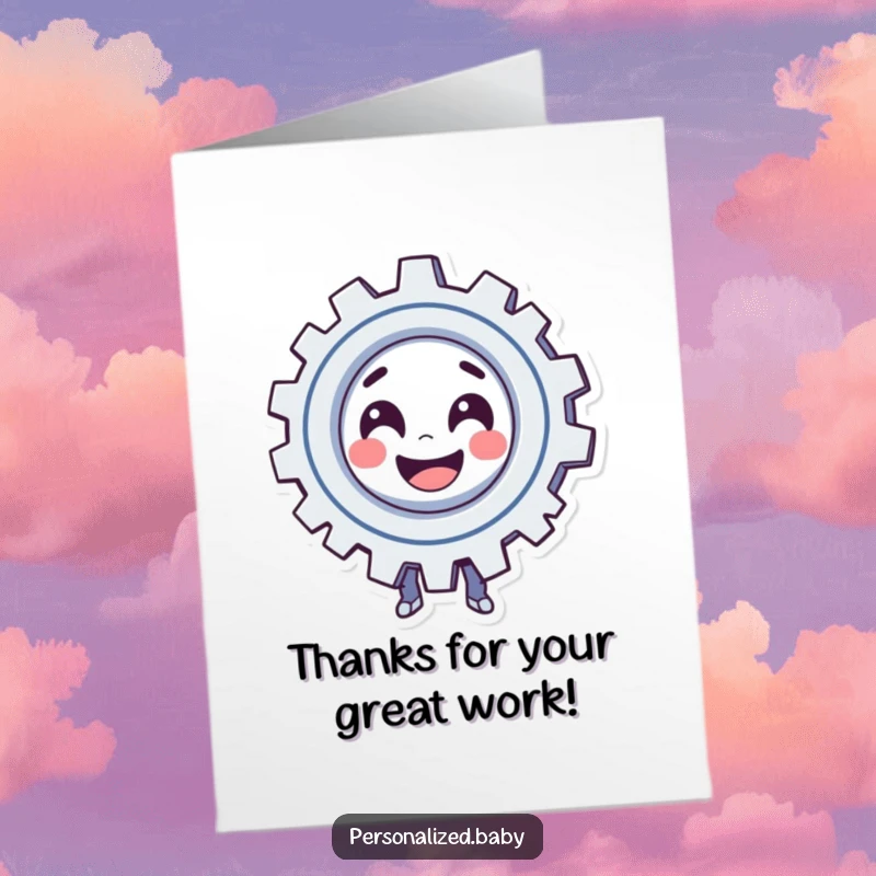 Funny Free Printable Thank You Card: Smiling gear character spinning, indicating smooth operation and heartfelt thanks.