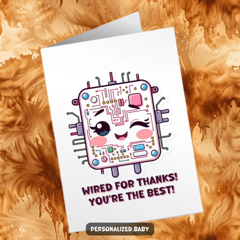 Funny Free Printable Thank You Card: Cheerful circuit board character winking, sending electronic thanks with a playful wink.
