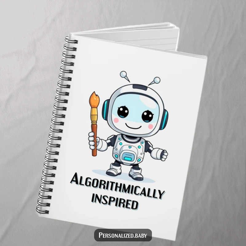 Funny notebook cover featuring a happy, buzzing AI robot character holding a paintbrush, inspiring innovative note-taking.