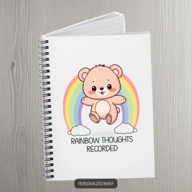 Funny notebook with a fluffy bear cub bouncing on a colorful rainbow, a humorous and inspiring journal for happy thoughts.