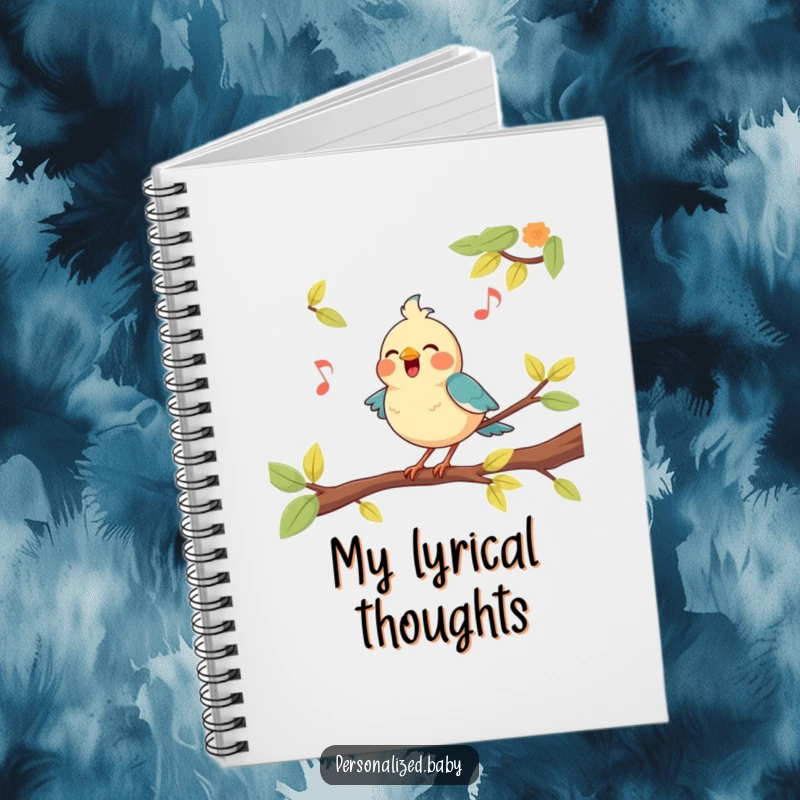 Funny, happy bird character perched on a branch, singing a tune, inspiring musical notes in this cute notebook.