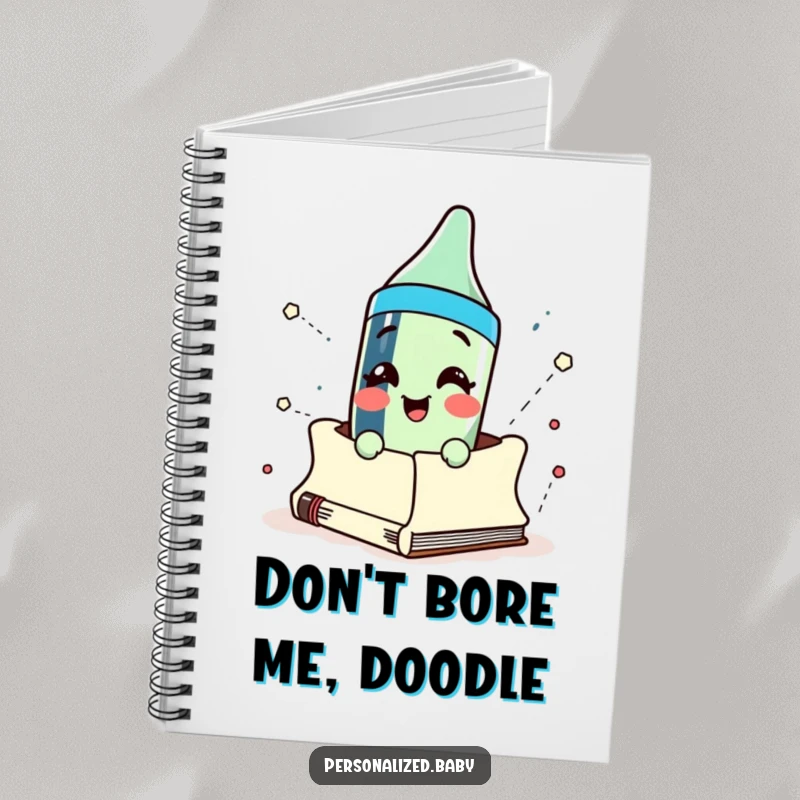 Funny crayon character bursting energetically from a sketchbook cover, making this notebook a fun companion for ideas.