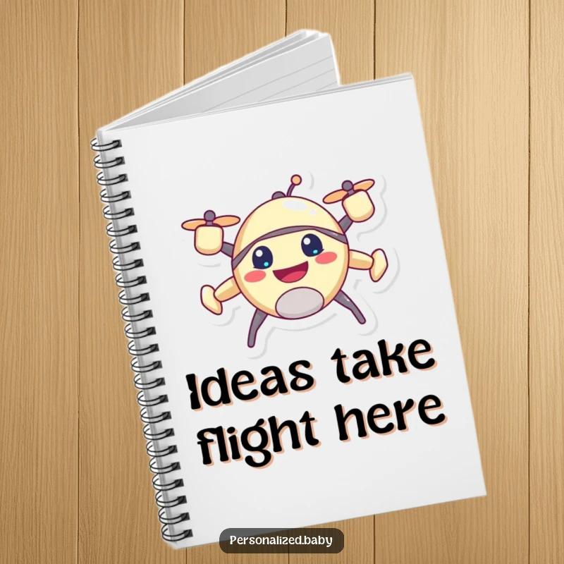 Funny drone notebook, featuring a happy, buzzing character with an excited grin, ready for notes.
