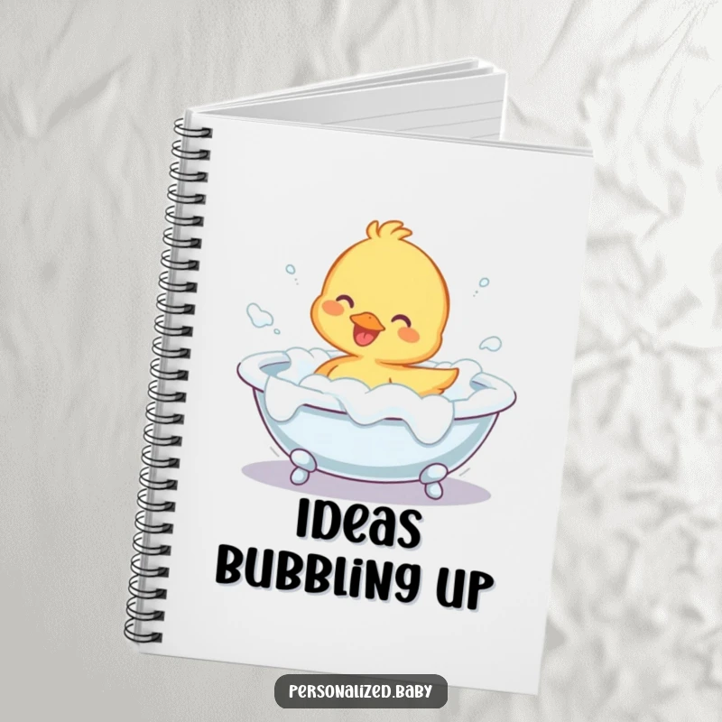 Funny Notebook with a happy duckling character splashing joyfully in a foam-filled bathtub, ideal for notes and creative ideas.