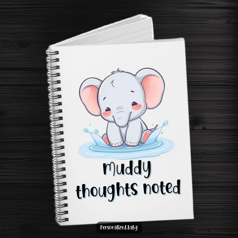 Funny baby elephant splashing in a puddle on a notebook cover, symbolizing joyful exploration and humor.