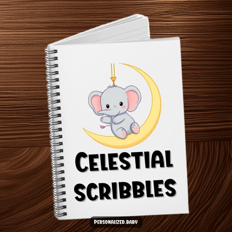 Funny notebook with a tiny elephant gleefully swinging from a crescent moon, a humorous and inspiring journal for nighttime thoughts.