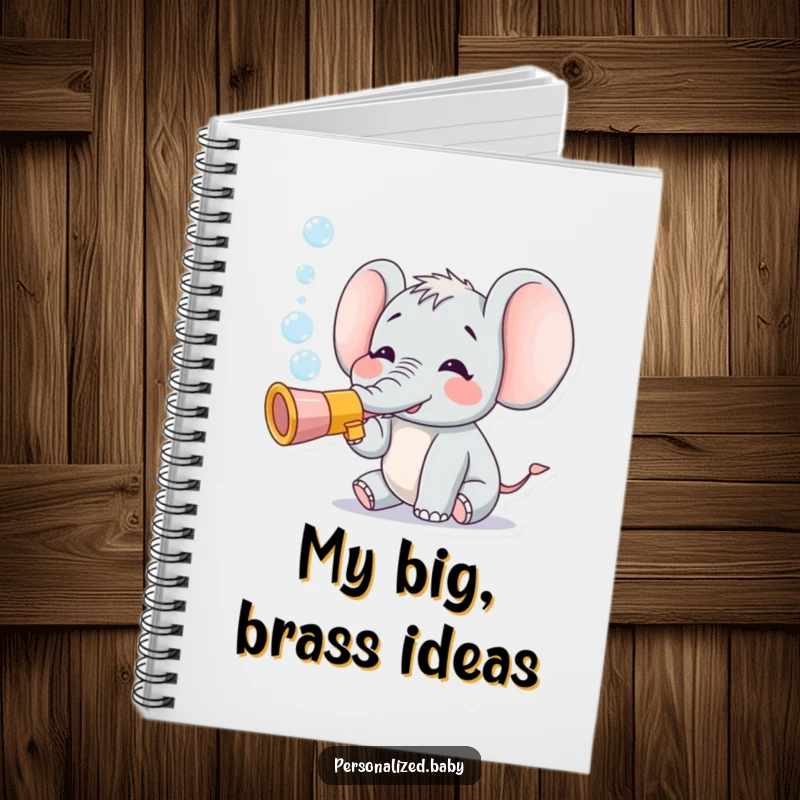 Funny notebook cover with a tiny, joyful elephant character blowing bubbles from a toy trumpet, inspiring creativity and smiles.