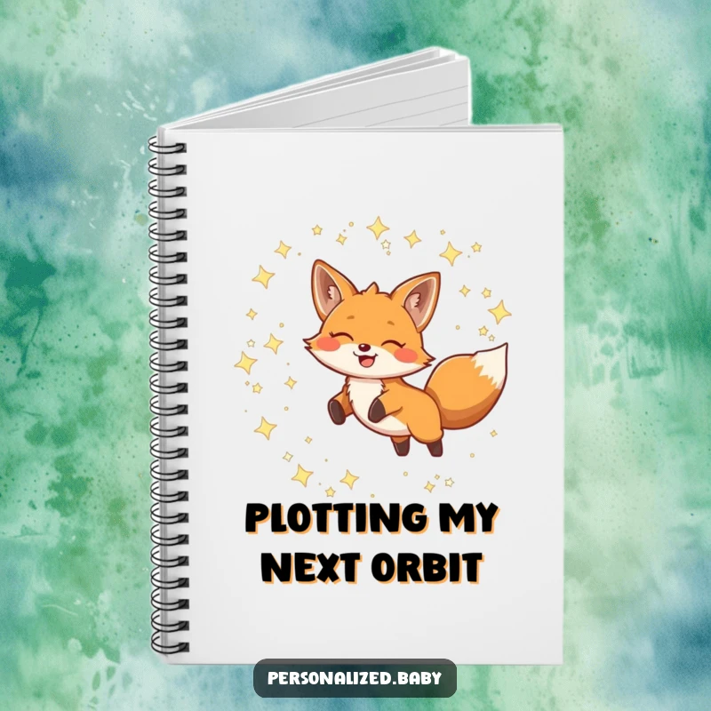 Funny Notebook with a smiling fox leaping through twinkling constellations, designed for recording inspired thoughts and doodles.