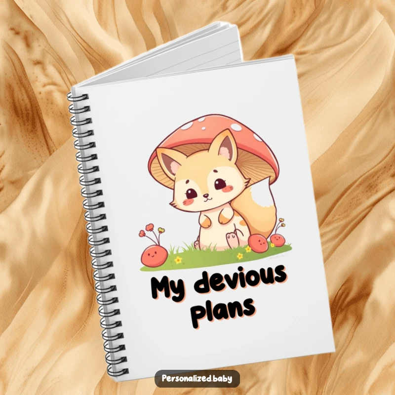 Funny Notebook: Mischievous fox kit peeking from behind a mushroom, perfect for jotting down secrets and clever ideas.