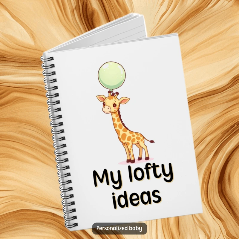 Funny giraffe stretching its neck to reach a balloon on a notebook cover, symbolizing ambition and humor.