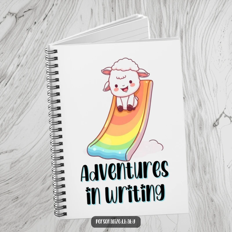 Funny Notebook with a giggling lamb tumbling down a rainbow slide, symbolizing joy, adventure, and happy thoughts.