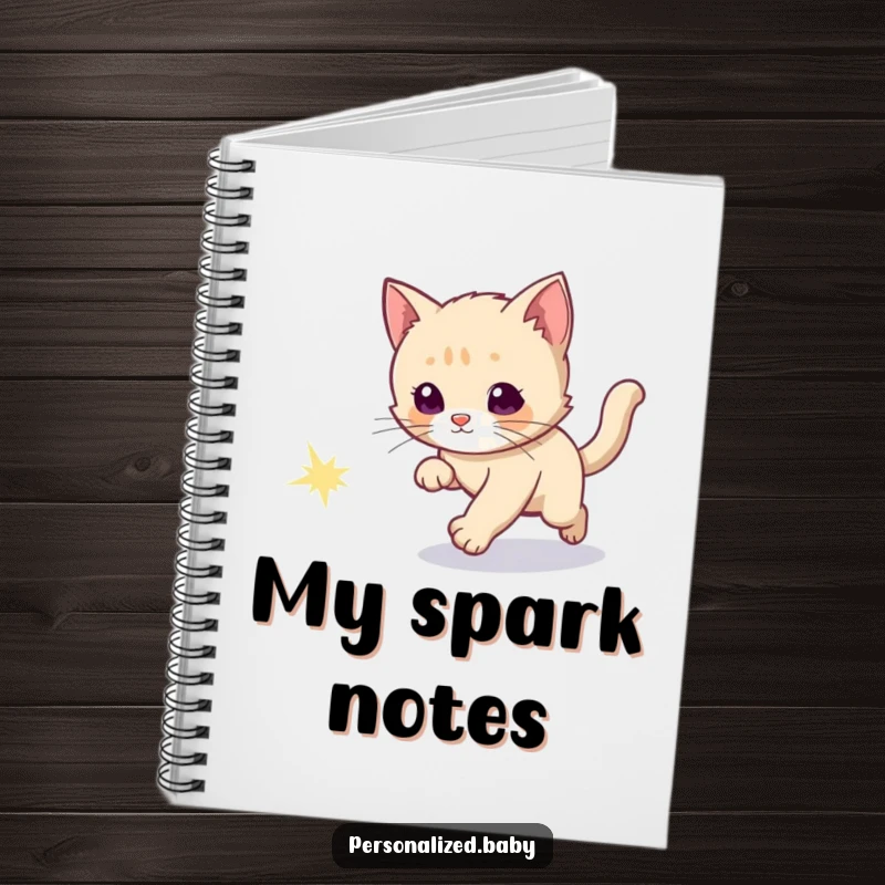 Funny notebook with a curious kitten chasing a sparkly comet tail, encouraging imaginative writing and exploration.