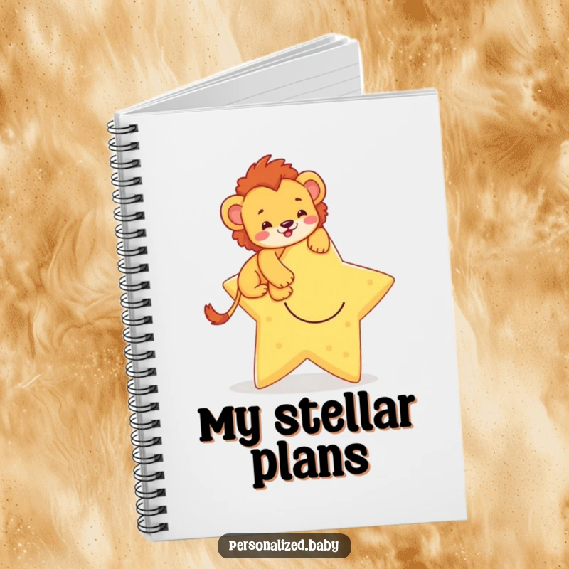 Funny notebook with a brave lion cub climbing a smiling star, perfect for jotting down ambitious goals and ideas.