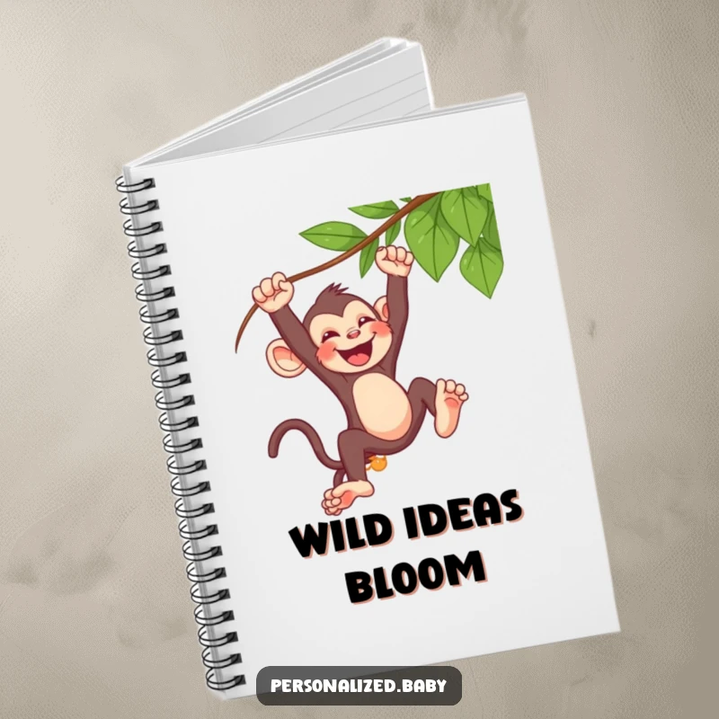 Funny baby monkey notebook, swinging from a vine, laughing uncontrollably, ideal for notes and wild ideas.
