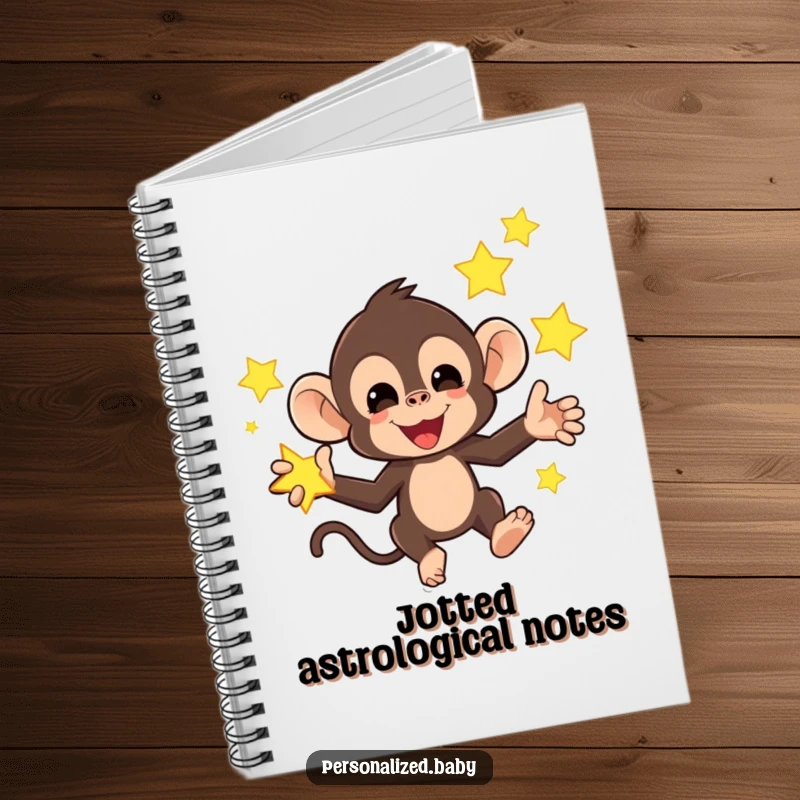 Funny notebook with a mischievous monkey juggling bright, glowing stars, a humorous and inspiring journal for cosmic thoughts.