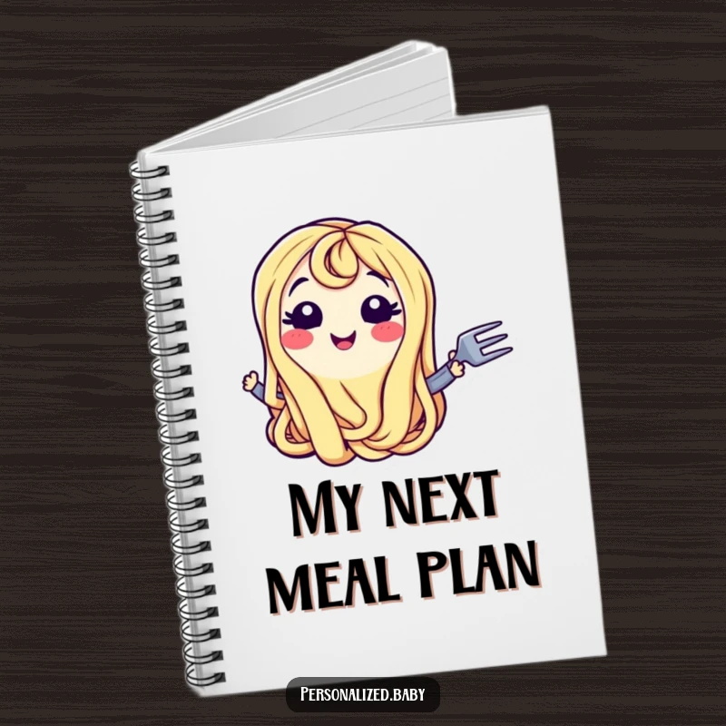 Funny Notebook: Smiling wiggling spaghetti noodle character with a fork, symbolizing playful hunger and love for pasta, ideal for journaling, a funny gift.