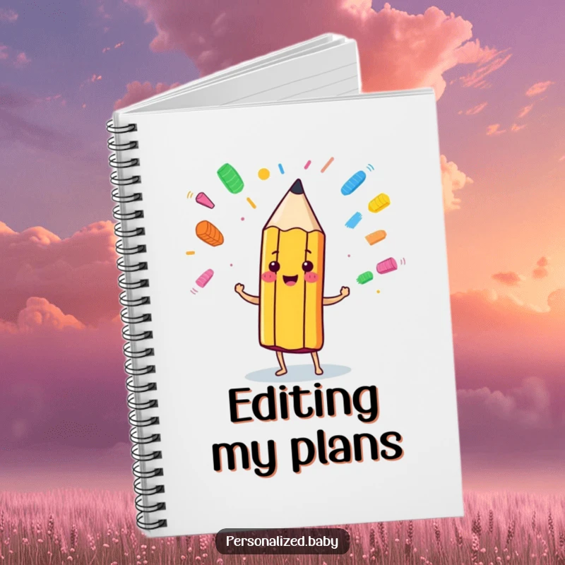 Funny anthropomorphic pencil character juggling colorful eraser marks, featured on a notebook cover for creative inspiration.