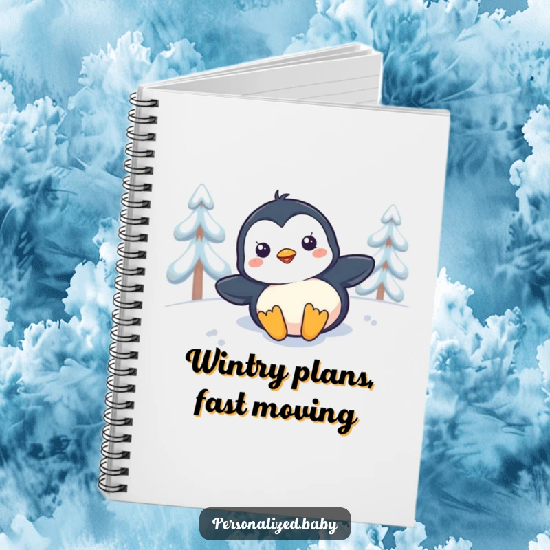 Funny penguin sliding down a snowy slope on a notebook cover, symbolizing playful adventure and humor.