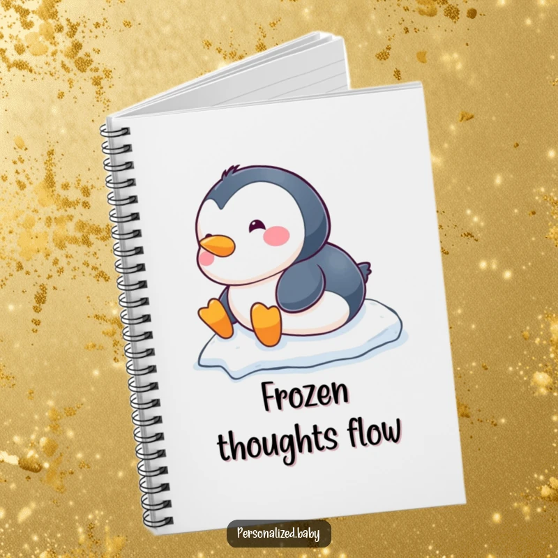Funny chubby baby penguin notebook, sliding down a snowy hill, ideal for notes and winter journaling.