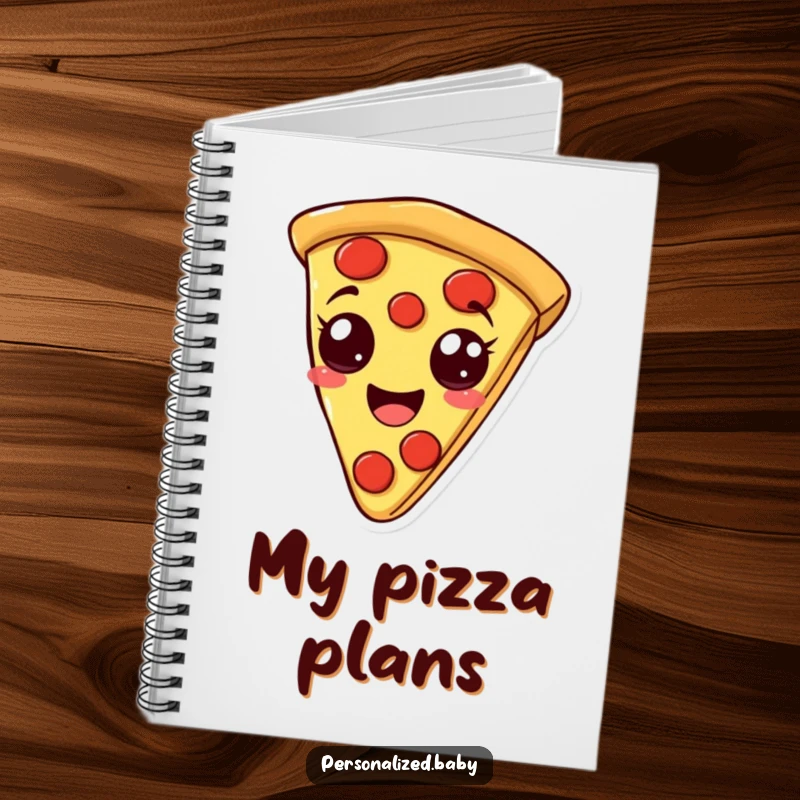 Funny notebook with a smiling, bouncy pizza slice with pepperoni eyes, perfect for journaling and note-taking with a humorous touch, excellent funny gift.