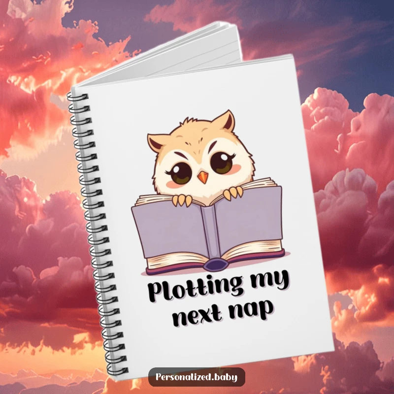 Funny owl chick notebook, cute sleepy bird peeking from a book, perfect for notes, journaling, and creative writing.