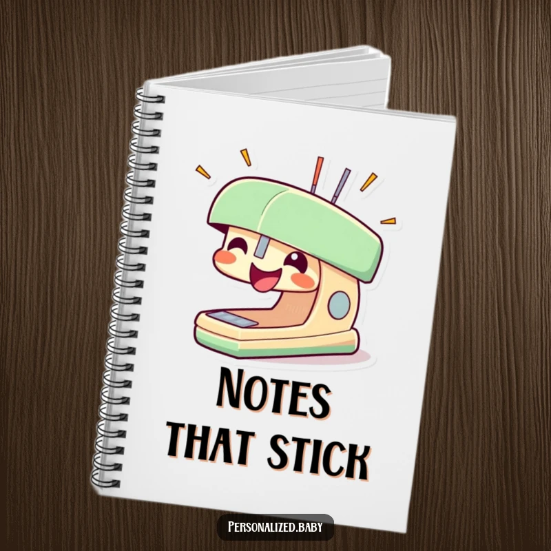 Funny stapler notebook with a smiling stapler character and popping staples, ideal for jotting down enthusiastic thoughts.