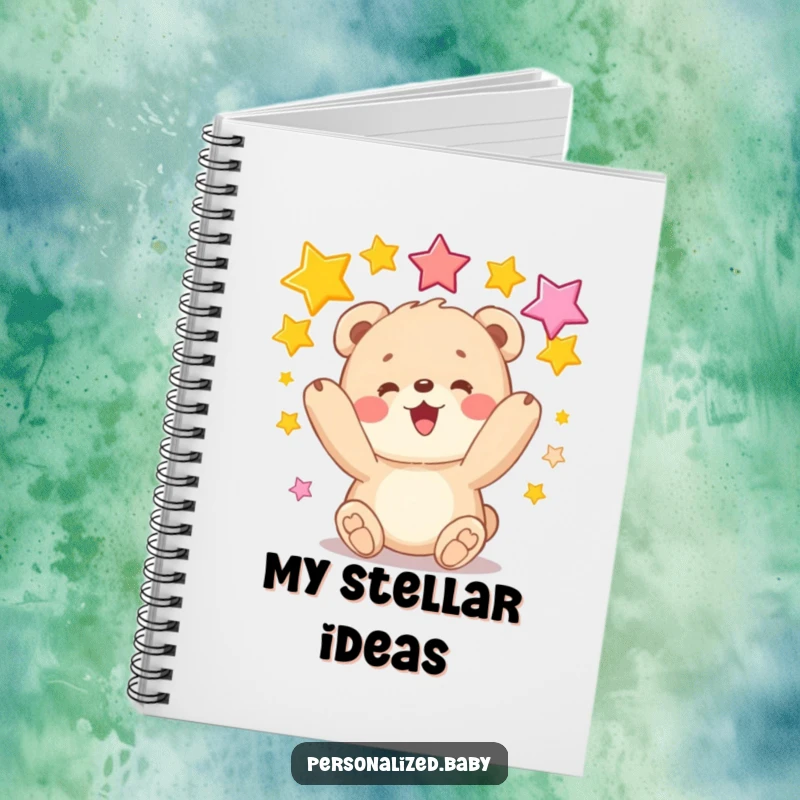 Funny notebook with a bear cub juggling stars, a humorous stationery item for capturing ideas and dreams.