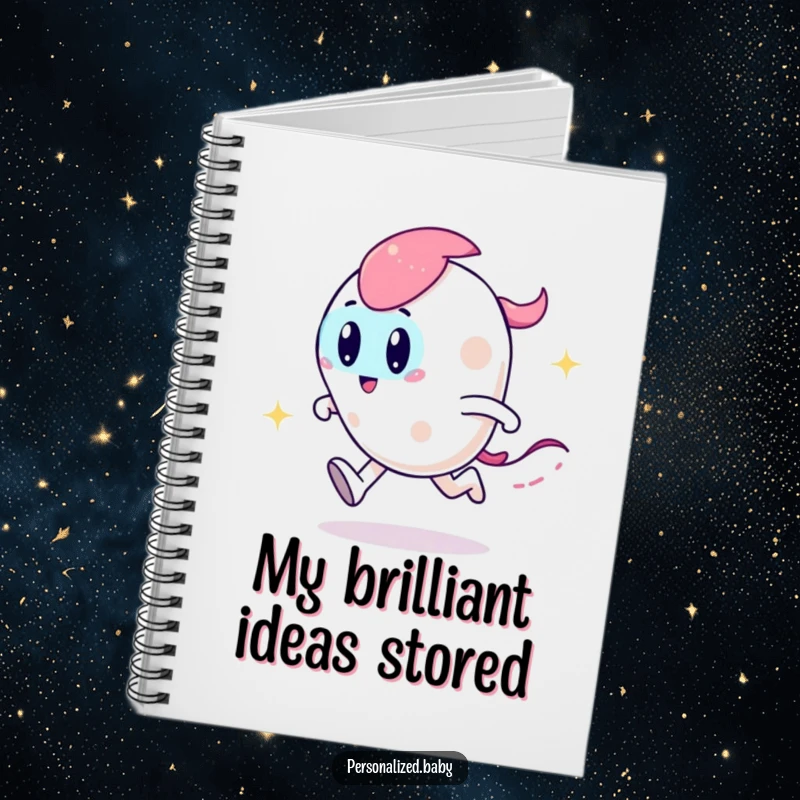 Funny notebook with a playful, zooming code character leaving a sparkly trail, designed for capturing creative coding notes.