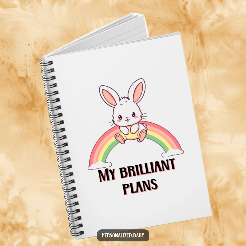 Funny notebook cover with a fluffy bunny with large ears hopping over a vibrant rainbow arc, for writing.