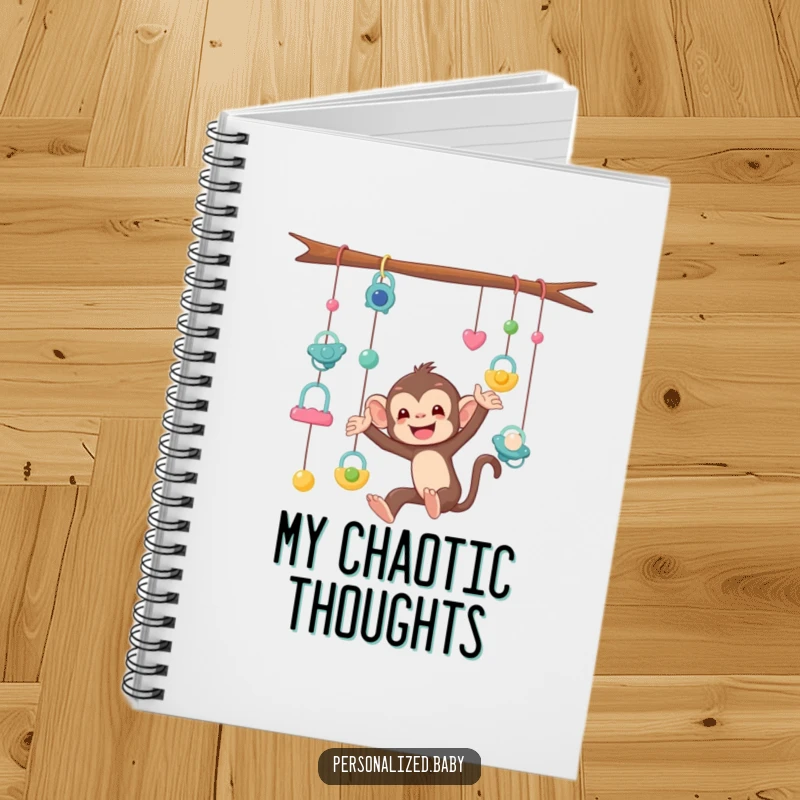 Funny Notebook with a mischievous monkey character tangled in a mobile of pacifiers, ideal for notes and parenting reflections.
