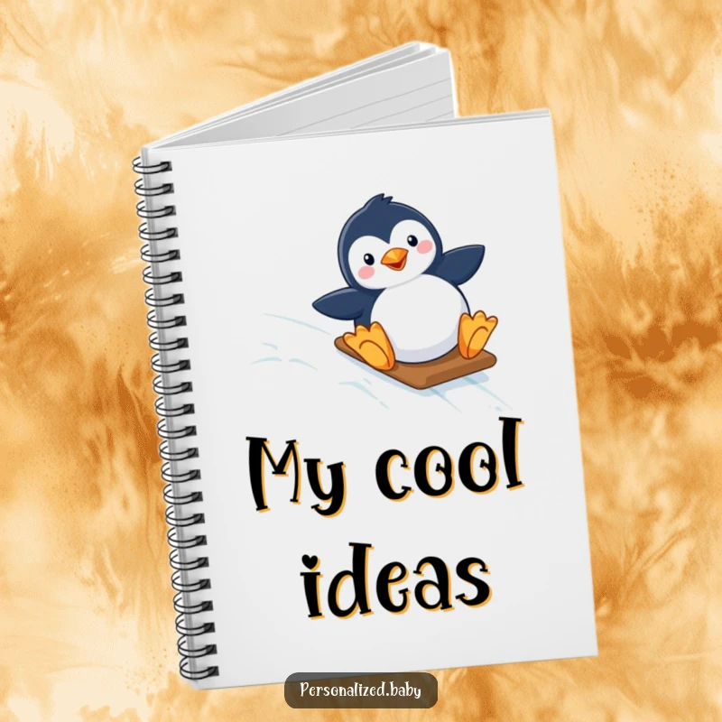 Funny notebook with a happy penguin sliding down a starry, icy slope, ideal for jotting down ideas with a touch of arctic fun.