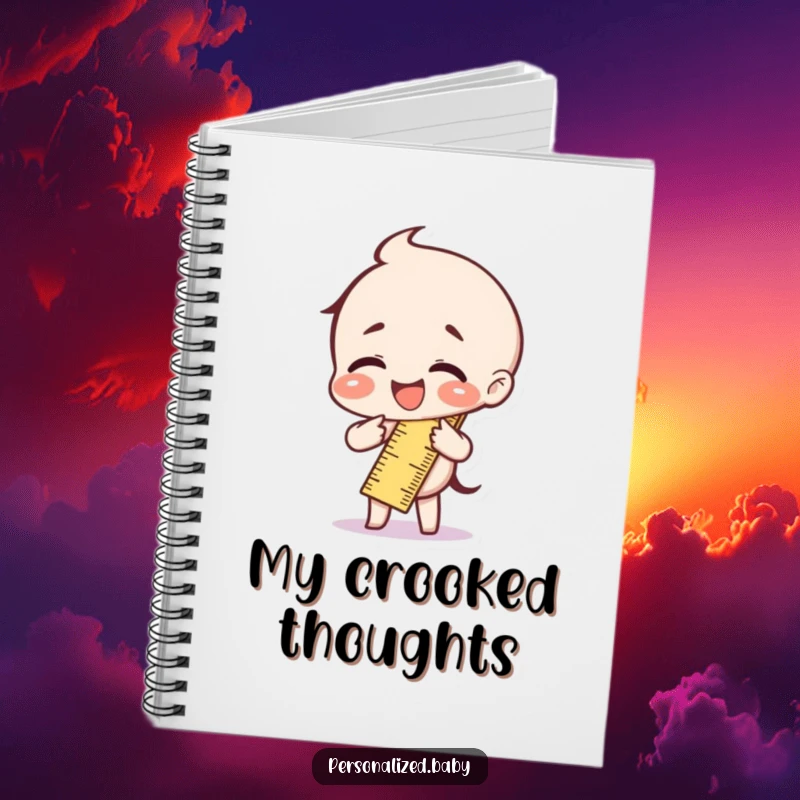 Funny ruler character bent in half with laughter, featured on a notebook cover for humorous note-taking.