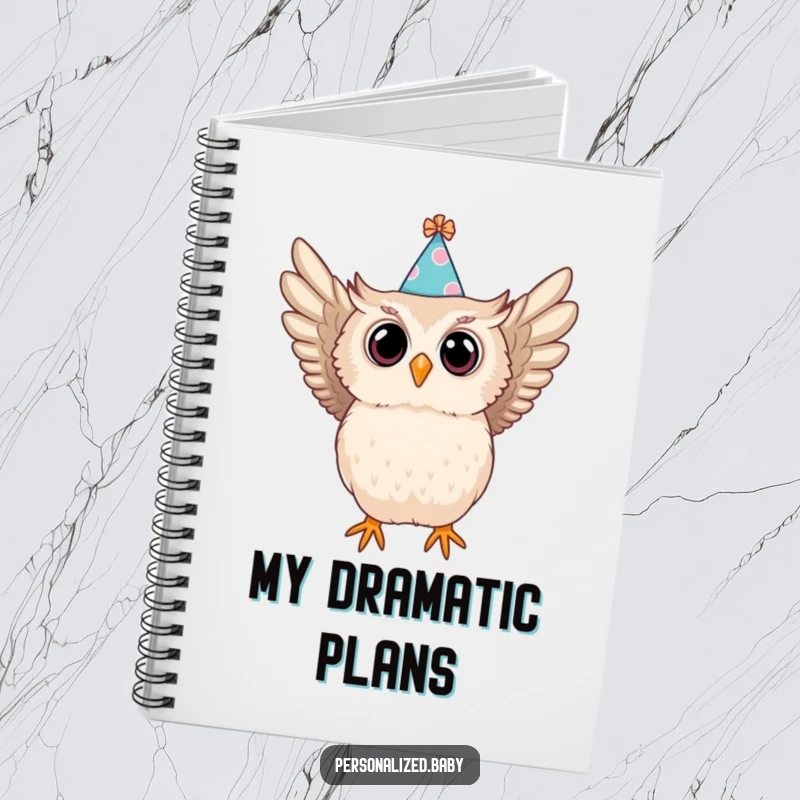 Funny notebook with a baby owl in a party hat swooping, a humorous stationery item for planning events.