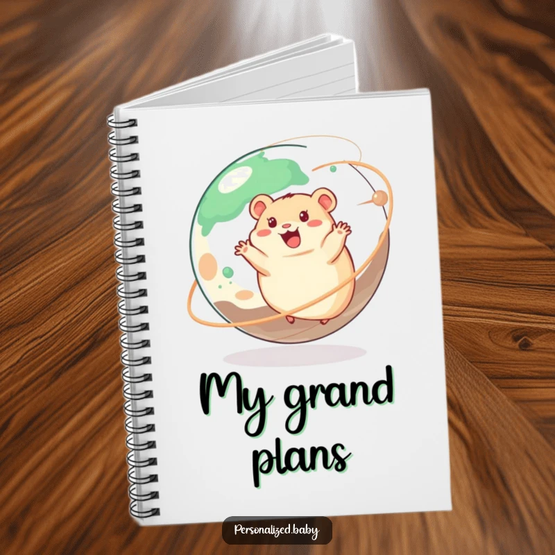 Funny notebook with a happy hamster running on a spinning planet, ideal for notes and creative ideas.