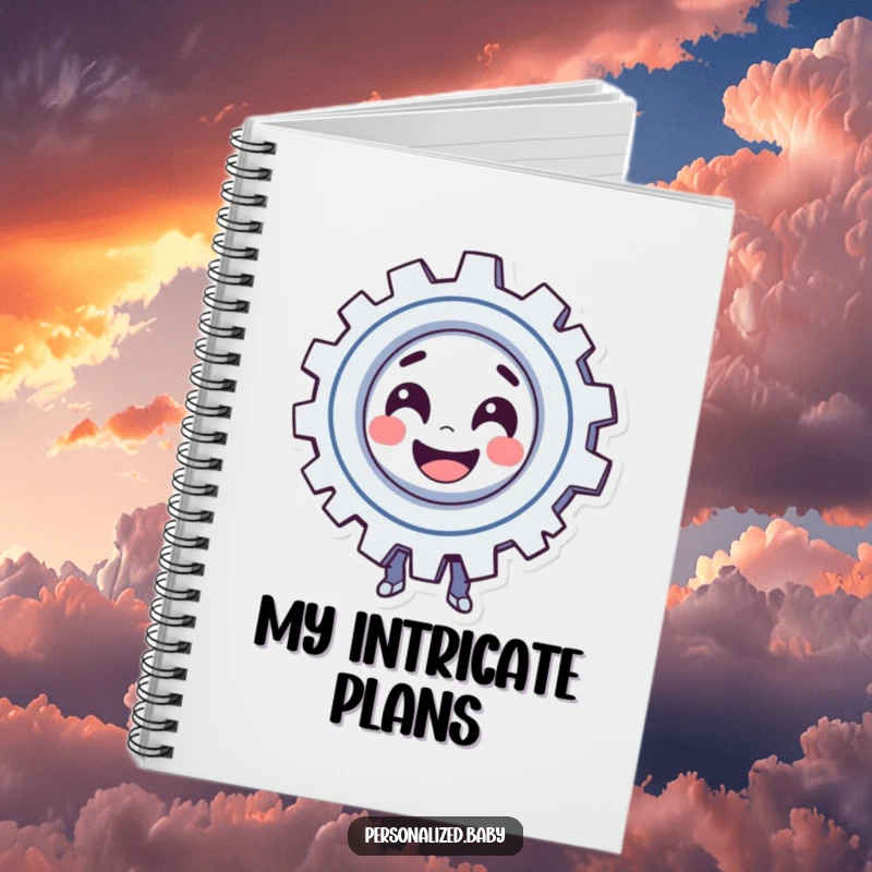 Funny Notebook: Smiling, spinning gear character exudes playful automation. Ideal for journaling and funny gift giving.