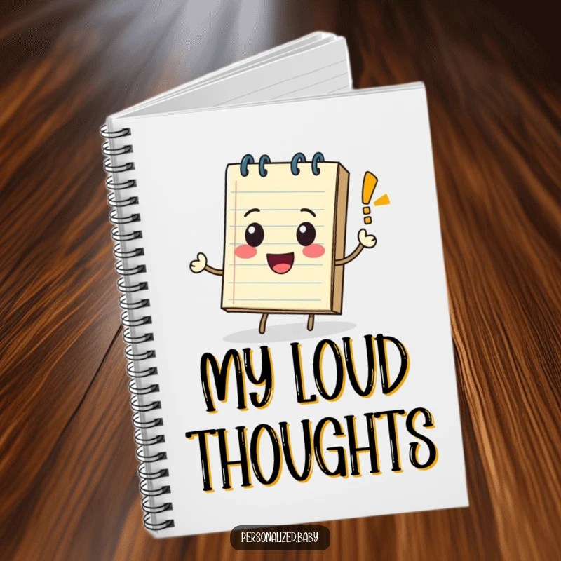 Playful notepad character rolling with a bouncing exclamation mark, featured on a notebook cover for energetic note-taking.