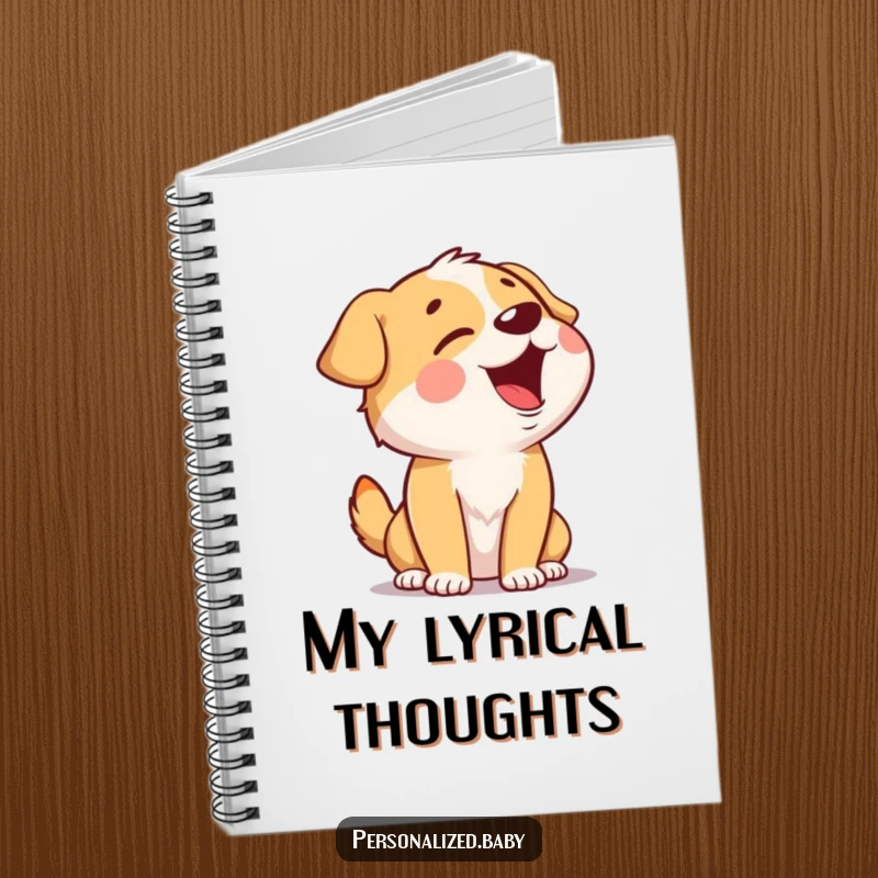 Funny Singing Dog Notebook featuring a giggling dog character singing with head tilted back, ideal for jotting down lyrics and ideas with humor.